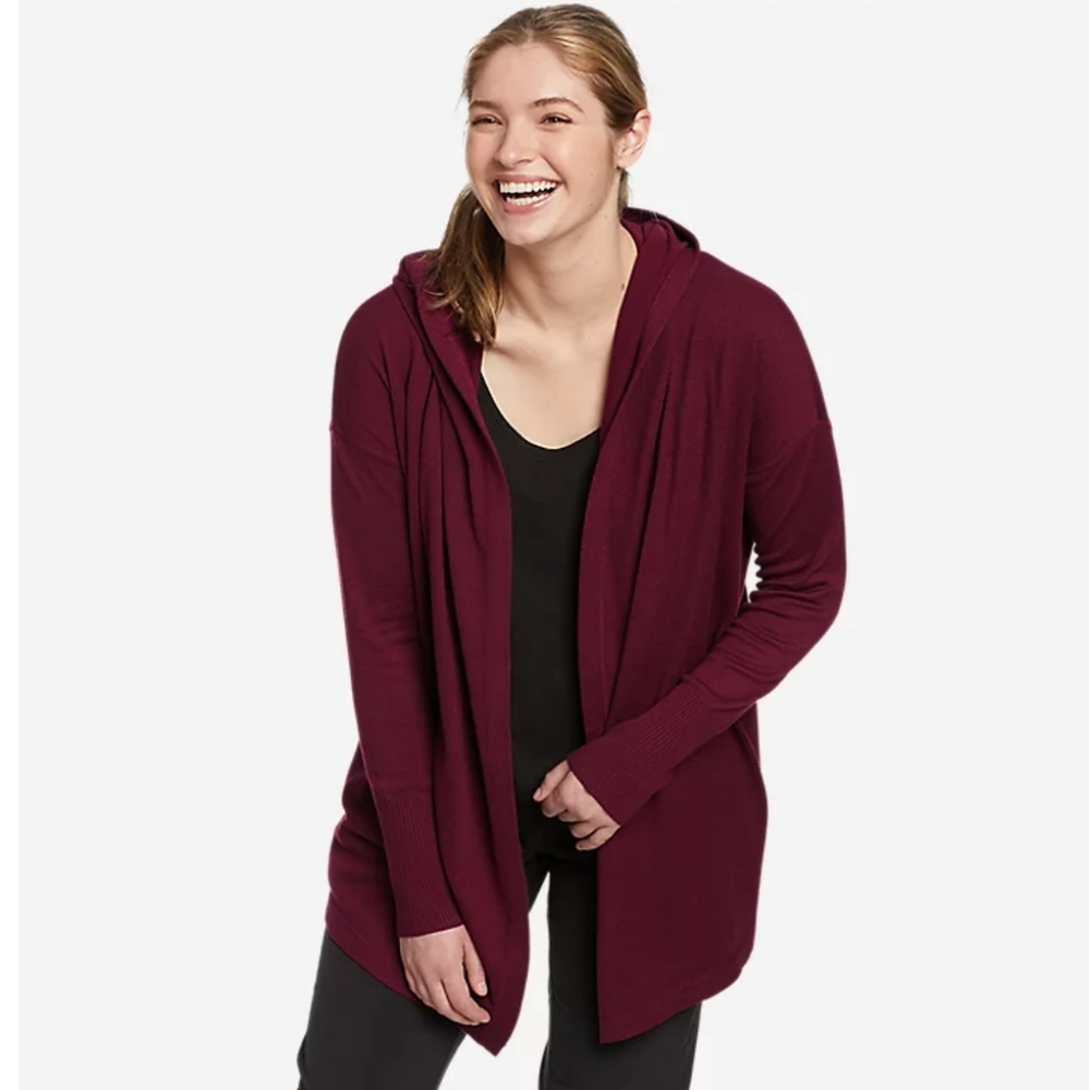 SOLD - NWT Eddie Bauer Engage Wrap Sweater Dark Berry Open Front Hooded Cardiga…